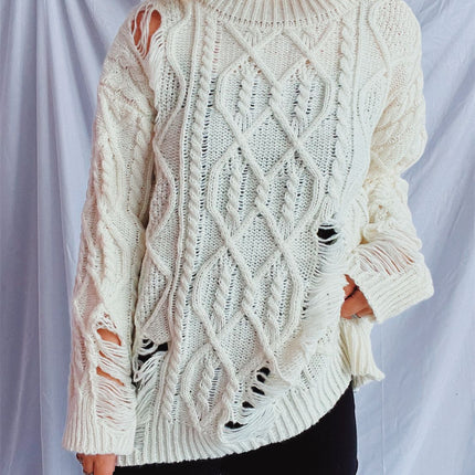 Distressed Cable-Knit Round Neck Long Sleeve Sweater