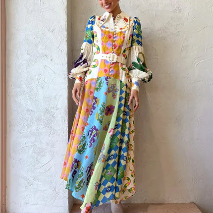 2023 Autumn Print Holiday Women Beach Dress With Belts A-line Long Lantern Sleeve Single Breasted Lapel Seaside Dresses Robe