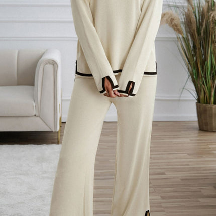 Contrast Trim Round Neck Top and Pants Sweater Set