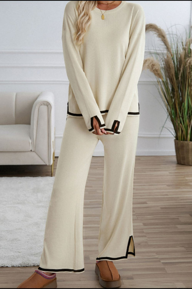 Contrast Trim Round Neck Top and Pants Sweater Set