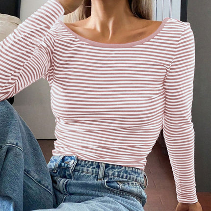 Devine Backless Striped Boat Neck Long Sleeve T-Shirt