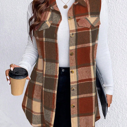 Honey Plus Size Pocketed Plaid Button Up Vest Coat - Vickie Lynn's