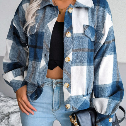 Plaid Collared Neck Long Sleeve Jacket