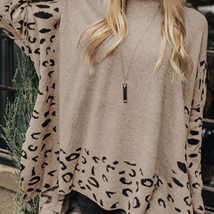 Slit Leopard Mock Neck Dropped Shoulder Sweater