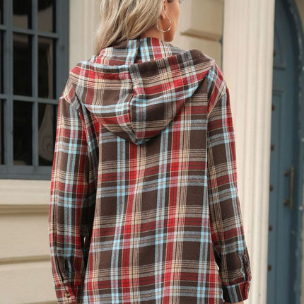 Drawstring Plaid Hooded Long Sleeve Top