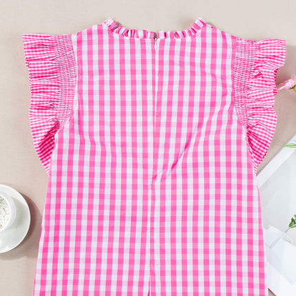 Ruffled Plaid Mock Neck Cap Sleeve Blouse