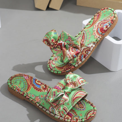 Bow Printed Open Toe Flat Sandals