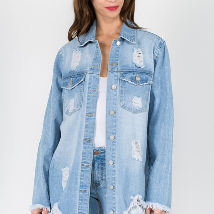 American Bazi Distressed Frayed Hem Denim Jacket