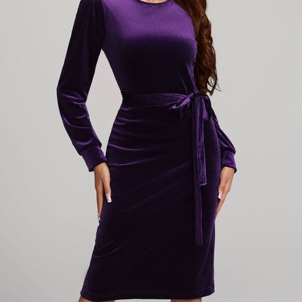 Round Neck Tie Waist Long Sleeve Velvet Dress