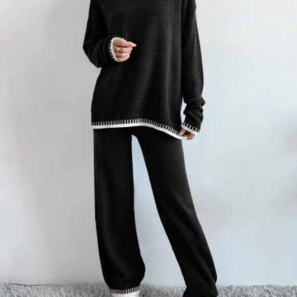 Side Slit Contrast Trim Round Neck Top and Pants Sweater Set