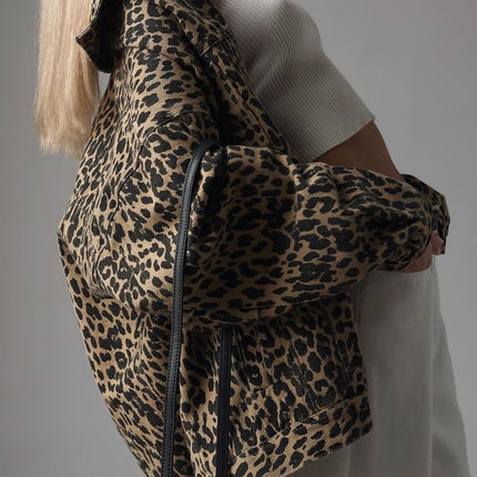 Leopard Button Up Long Sleeve Denim Top