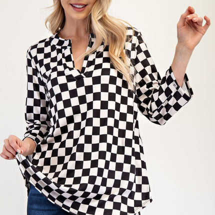 Celeste Full Size Curved Hem Checkered Notched Blouse