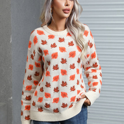 Angel Wings Maple Leaf Round Neck Long Sleeve Sweater