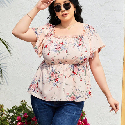 Plus Size Frill Printed Flutter Sleeve Blouse