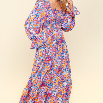 Haptics Smocked Floral Square Neck Flounce Sleeve Dress