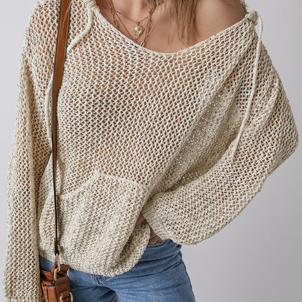 Openwork Dropped Shoulder Hooded Knit Top - Vickie Lynn's