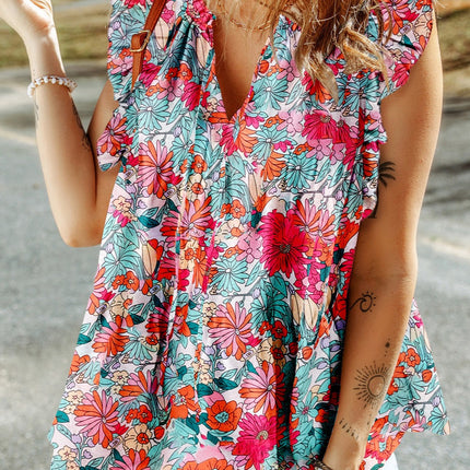 Ruffled Printed Tie Neck Cap Sleeve Blouse