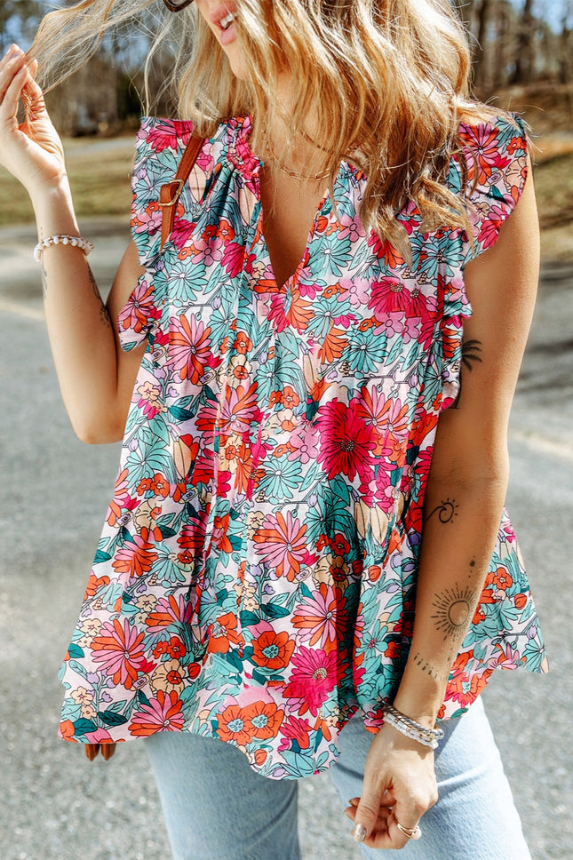 Ruffled Printed Tie Neck Cap Sleeve Blouse