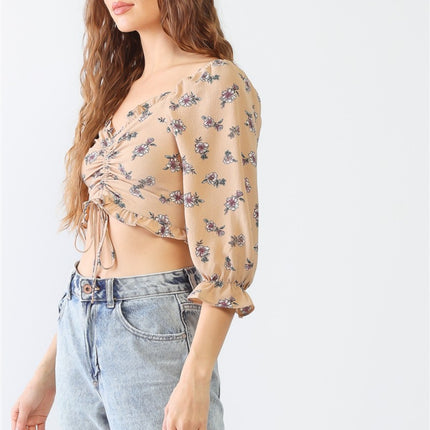 Tasha Apparel Floral Ruffle Smocked Back Ruched Crop Top