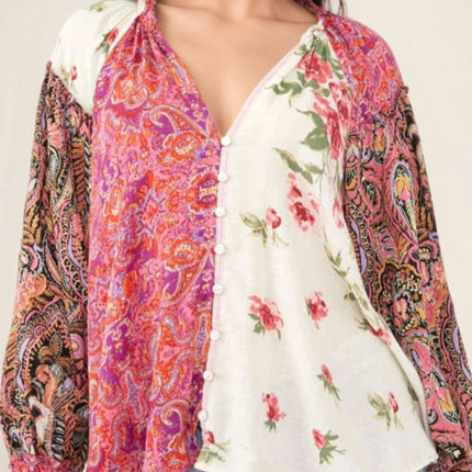 Frill Floral Shirred Cuff Long Sleeve Blouse