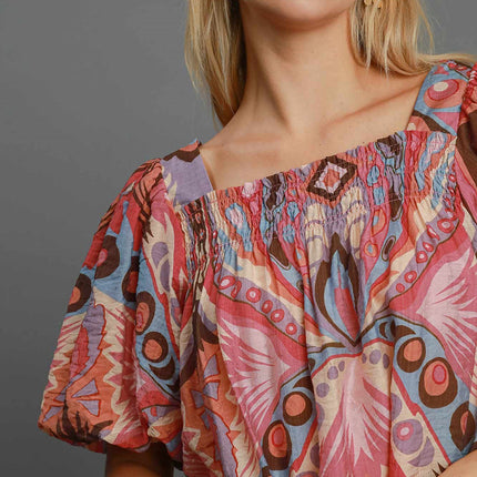 Umgee Full Size Abstract Print Smocked Square Neck Puff Sleeve Blouse