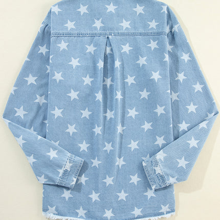 Raw Hem Star Collared Neck Denim Top
