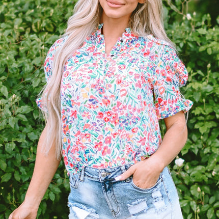 Printed Notched Short Sleeve Blouse