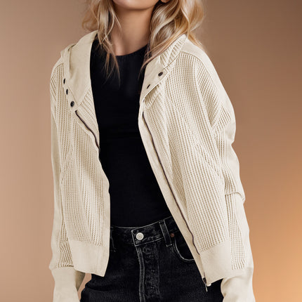 Double Take Waffle-Knit Zip Up Long Sleeve Hooded Jacket