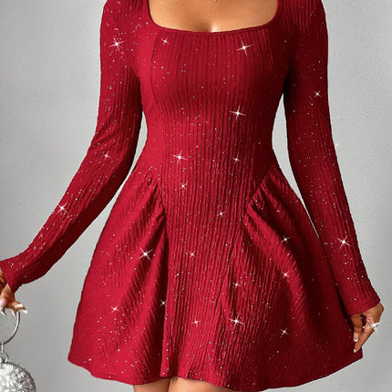 Backless Glitter Square Neck Long Sleeve Mini Dress