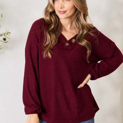 Zenana Buttoned V-Neck Long Sleeve Blouse