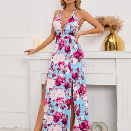 Slit Backless Printed Halter Neck Dress