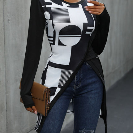 Geometric Round Neck Long Sleeve T-Shirt