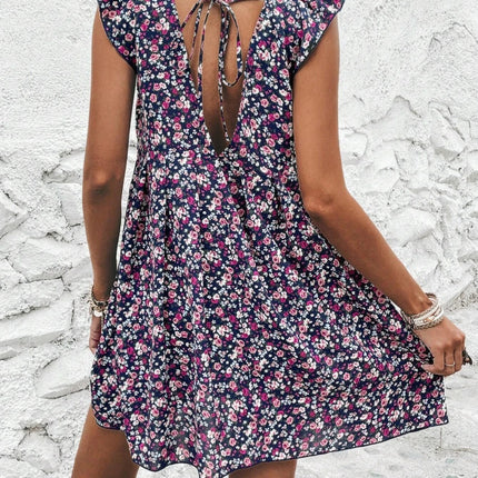 Printed V-Neck Cap Sleeve Mini Dress