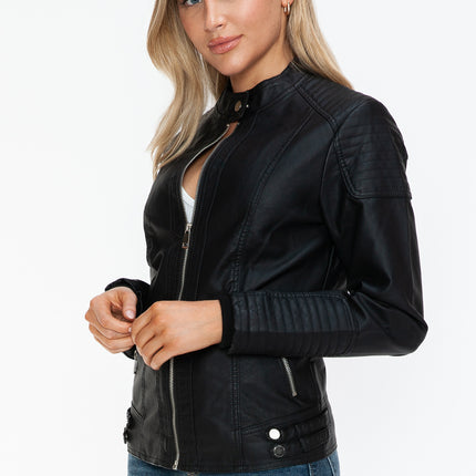 Snobbish Faux Leather Biker Jacket with Side Zip Pockets