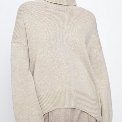 Ribbed Detail Turtleneck Dropped Shoulder Sweater