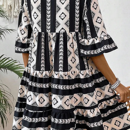 Tiered Printed Notched Half Sleeve Dress