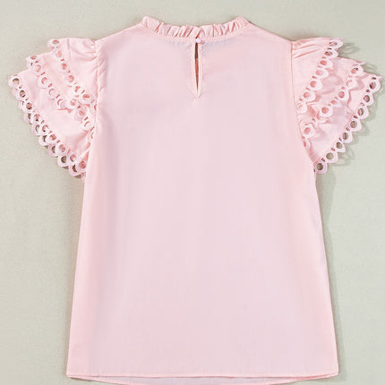 Ruffled Eyelet Round Neck Cap Sleeve Blouse