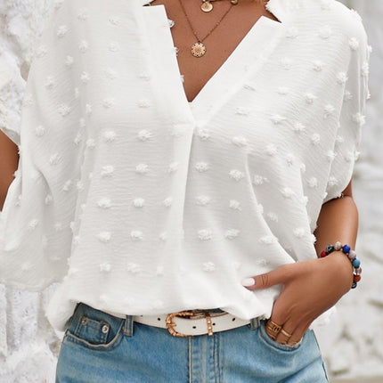 Swiss Dot Notched Half Sleeve Blouse