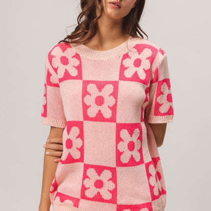 BiBi Flower Checker Pattern Short Sleeve Sweater