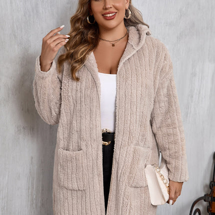 Plus Size Open Front Long Sleeve Hooded Fuzzy Jacket