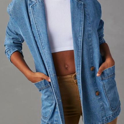 Pocketed Lapel Collar Long Sleeve Denim Jacket