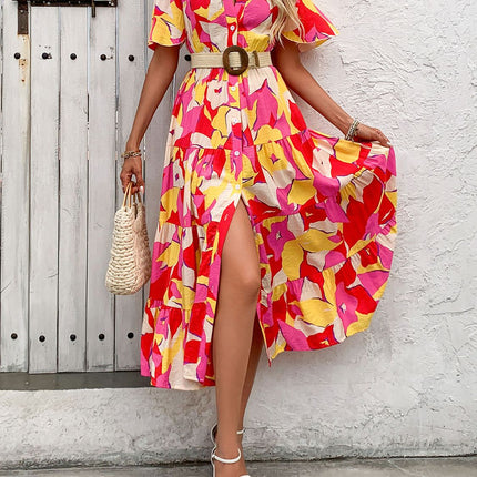 Printed V-Neck Flutter Sleeve Midi Dress