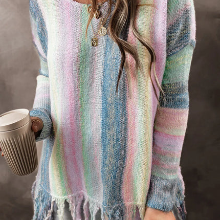 Fringe Color Block Round Neck Sweater