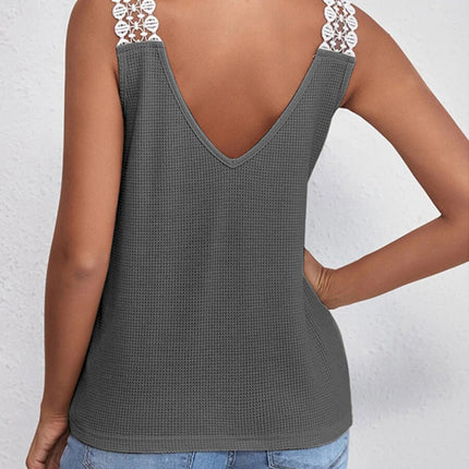 Lace Detail Waffle-Knit V-Neck Tank