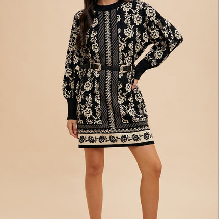 Annie Wear Floral Jacquard Round Neck Sweater Dress