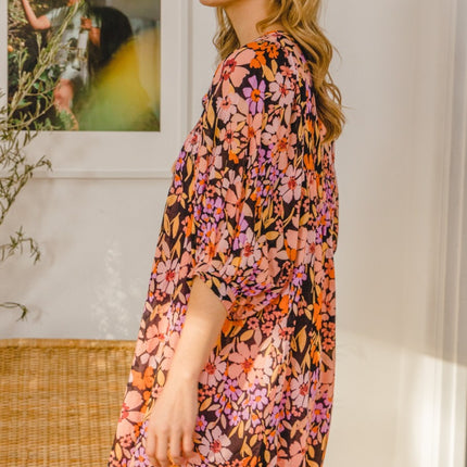 ODDI Full Size Floral Tied Neck Mini Dress