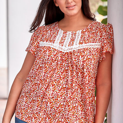 Plus Size Floral Lace Trim Round Neck Blouse