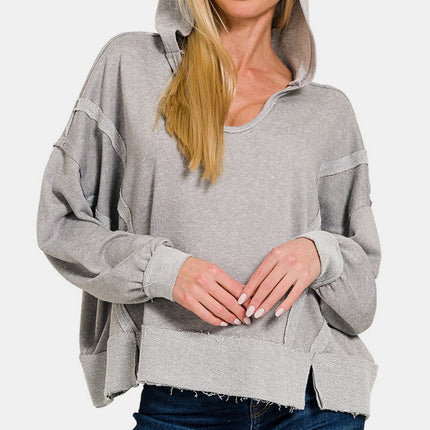 Zenana Contrast Trim Slit Hoodie