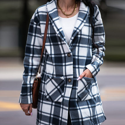 Shiny Plaid Shawl Collar Coat with Pockets