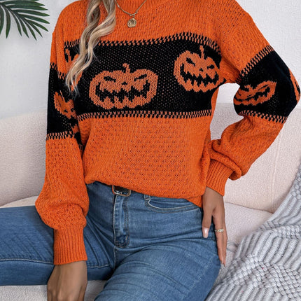 Pumpkin Round Neck Long Sleeve Sweater